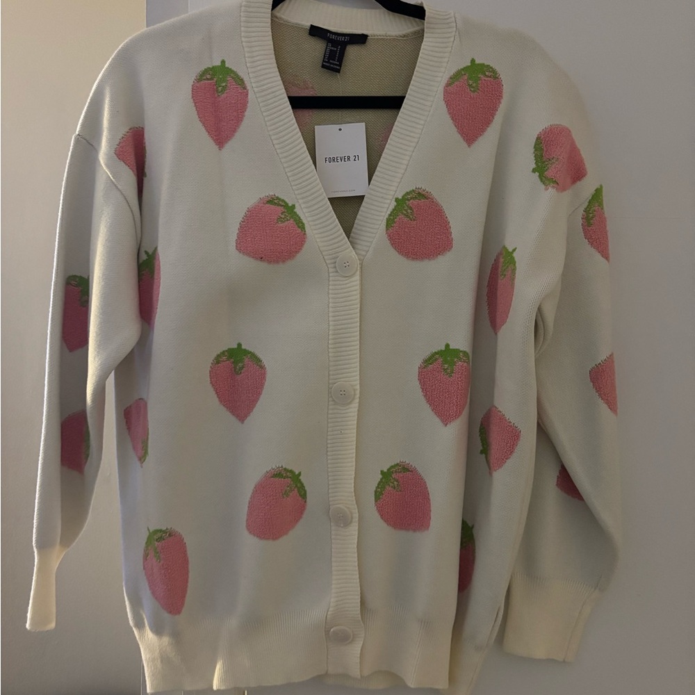 Forever 21 White Cardigan with Pink Strawberry Pattern - Picture 1 of 2